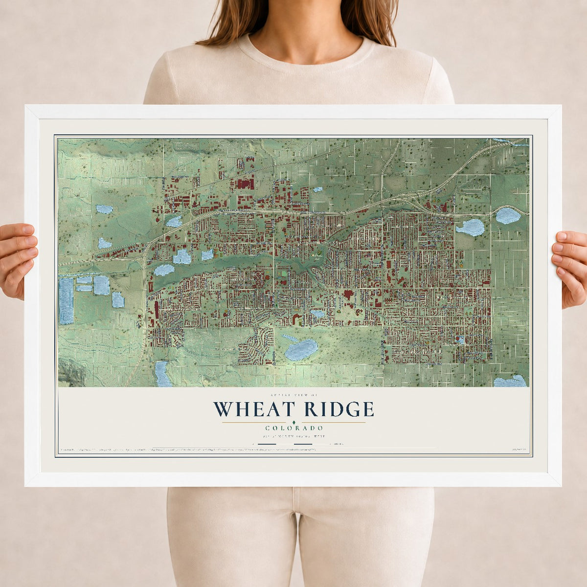Map of Wheat Ridge, Colorado, 18 x 24 inch print in a white wood frame