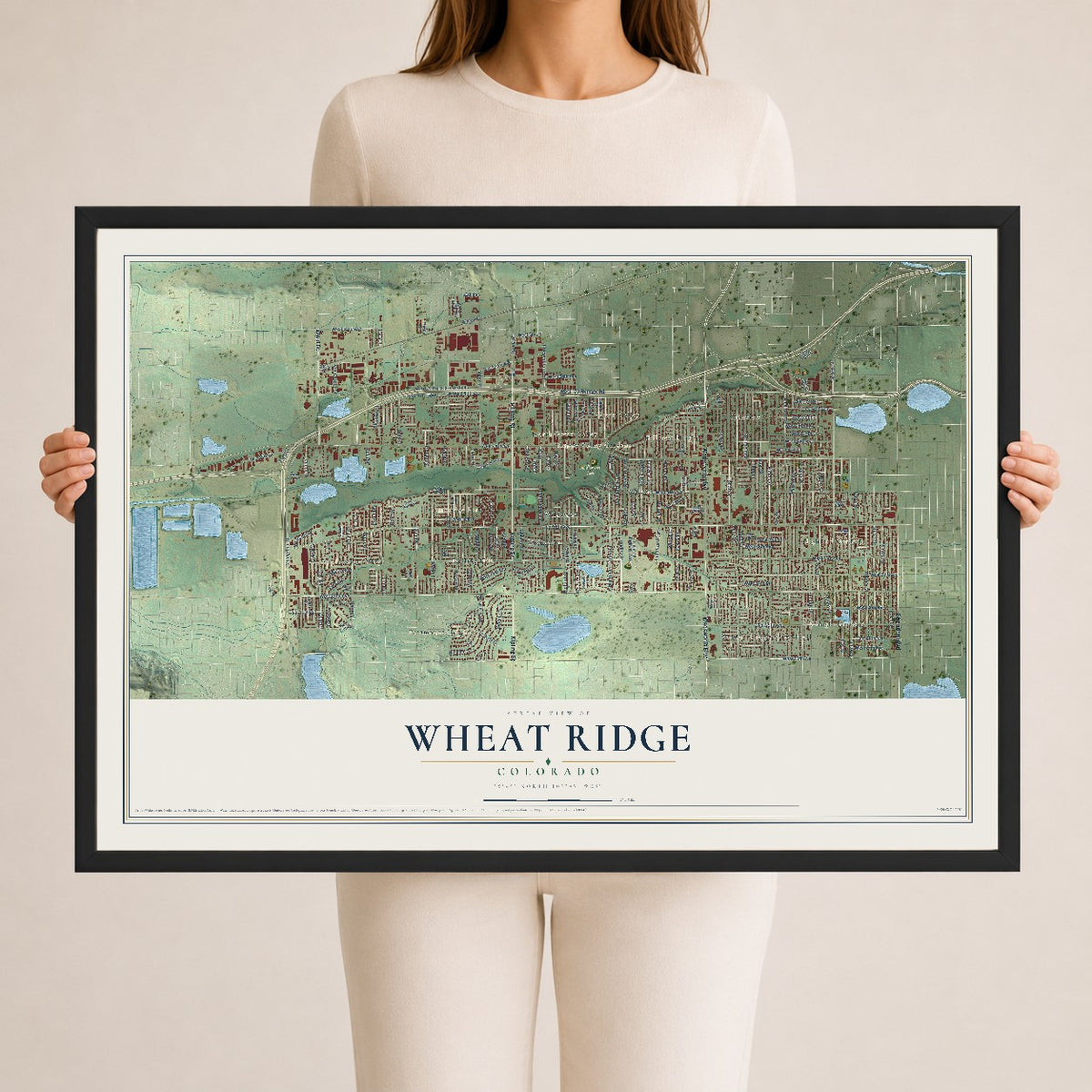 Map of Wheat Ridge, Colorado, 24 x 36 inch print in a black wood frame