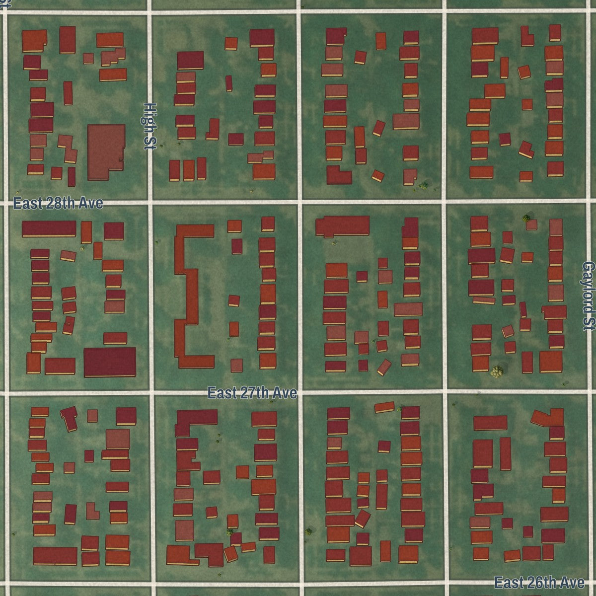 Close-up of the map of Whittier, Colorado print showing street and building detail