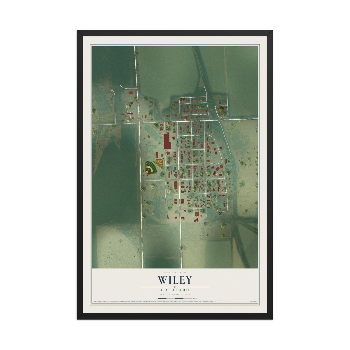 Map of Wiley, Colorado, 12 x 18 inch print in a black wood frame