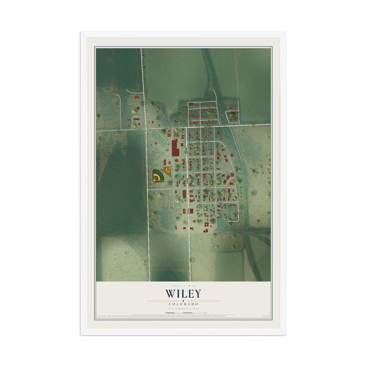 Map of Wiley, Colorado, 12 x 18 inch print in a white wood frame