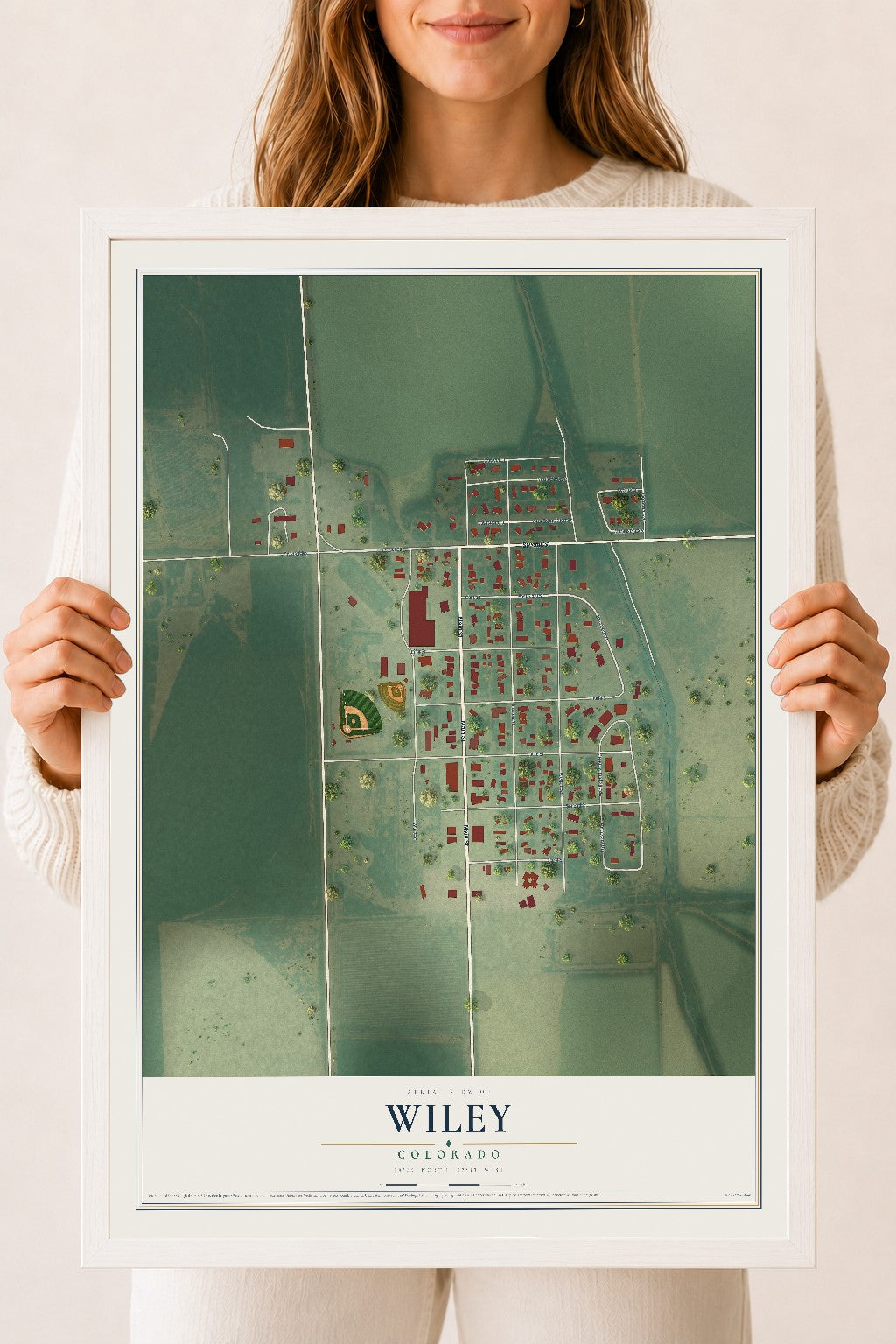 Map of Wiley, Colorado, 18 x 24 inch print in a white wood frame