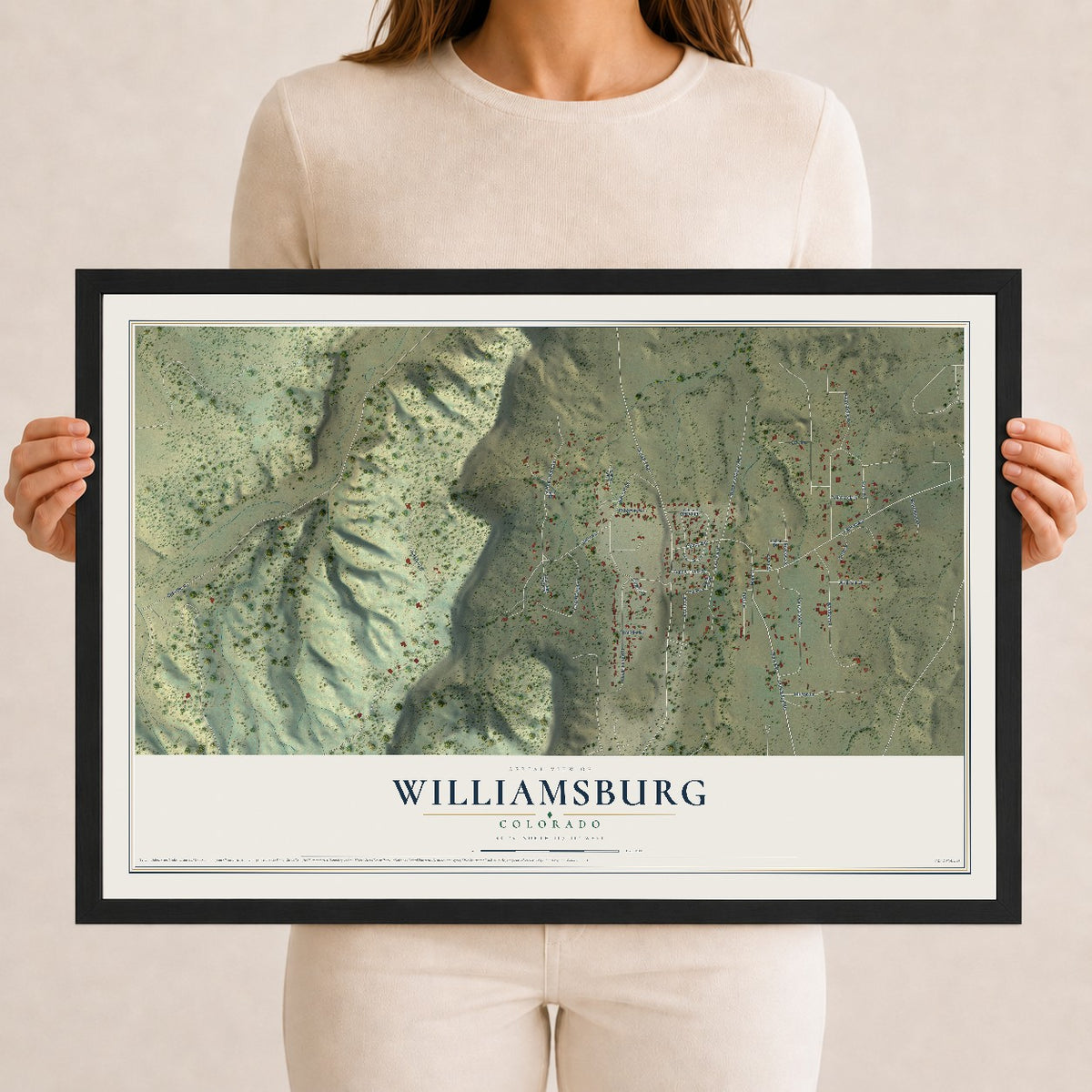 Map of Williamsburg, Colorado, 12 x 18 inch print in a black wood frame