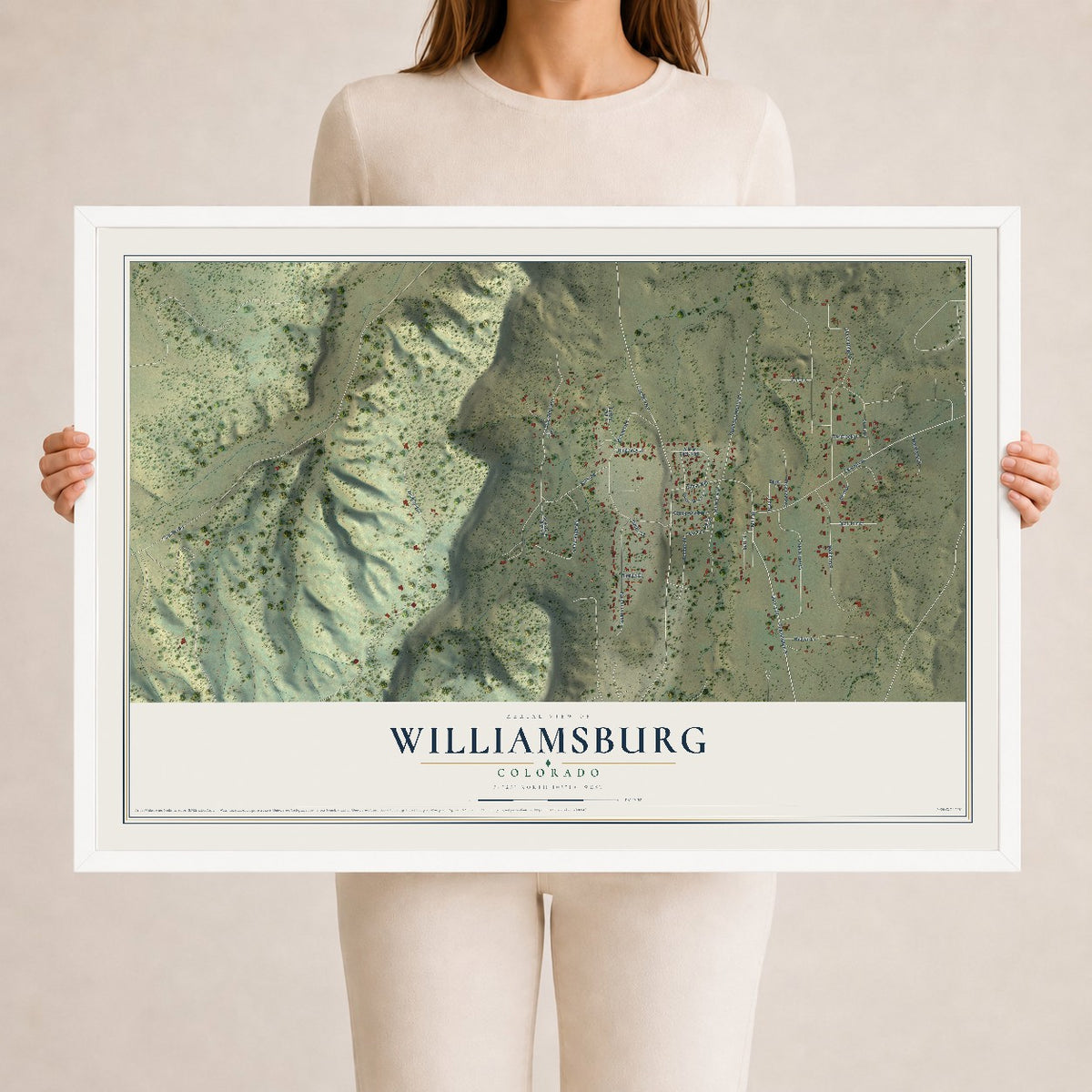Map of Williamsburg, Colorado, 24 x 36 inch print in a white wood frame