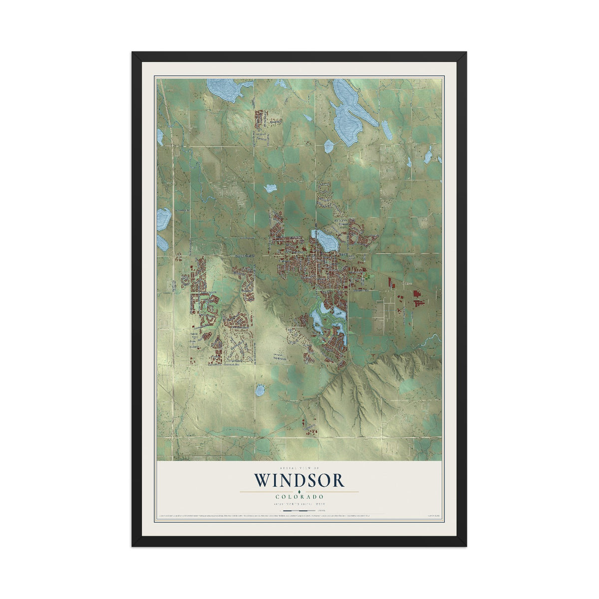 Map of Windsor, Colorado, 12 x 18 inch print in a black wood frame