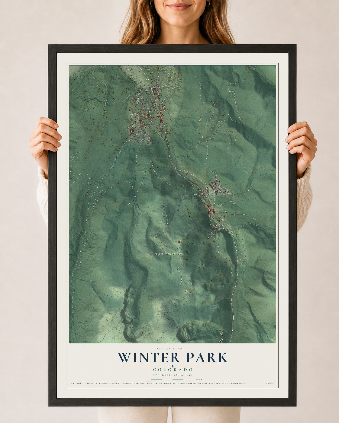 Map of Winter Park, Colorado, 24 x 36 inch print in a black wood frame