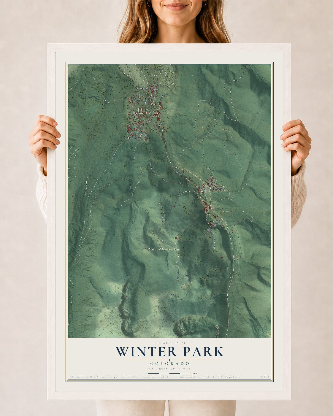 Map of Winter Park, Colorado, 24 x 36 inch print in a white wood frame