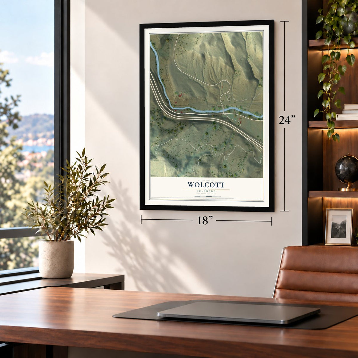 Wolcott, Colorado map, 18 x 24 inch print in a black frame in a home office