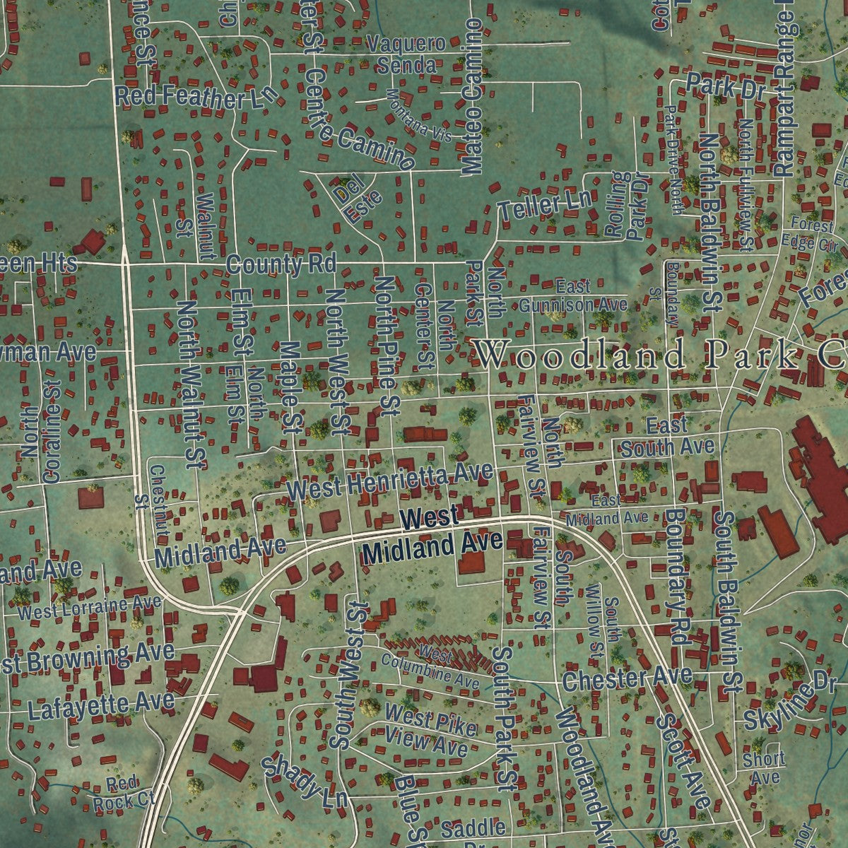 Close-up of the map of Woodland Park, Colorado print showing street and building detail