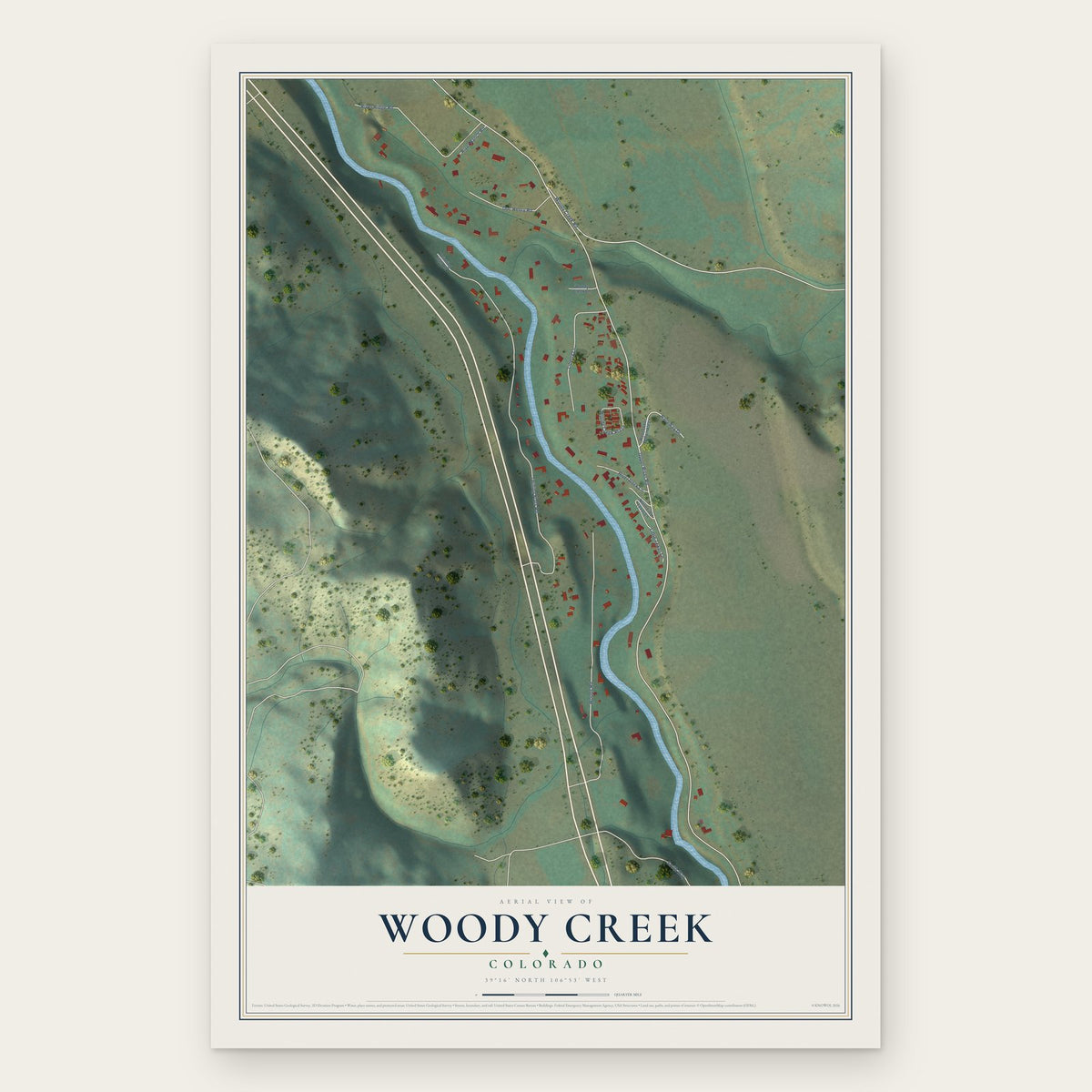 Woody Creek, Colorado map print, the full design