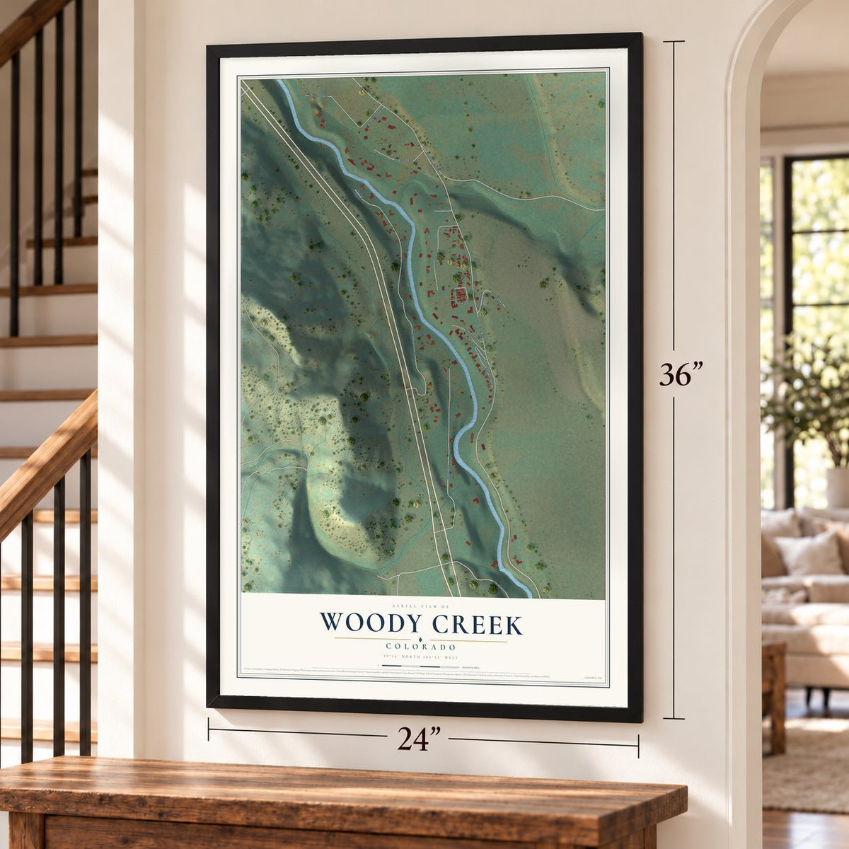 Woody Creek, Colorado map, 24 x 36 inch print in a black frame by a staircase