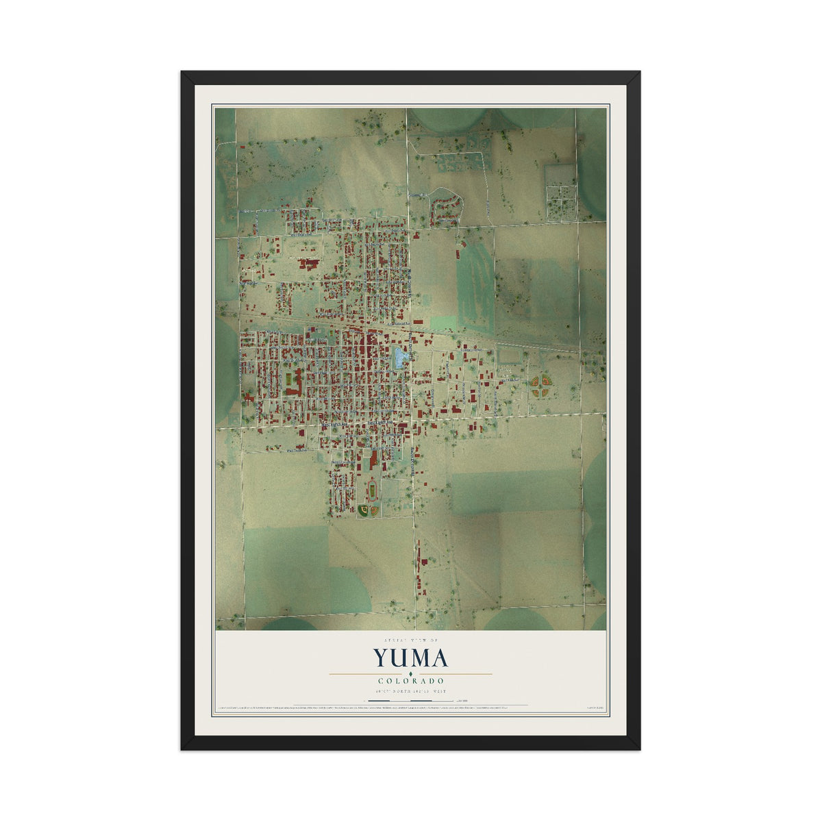 Map of Yuma, Colorado, 12 x 18 inch print in a black wood frame