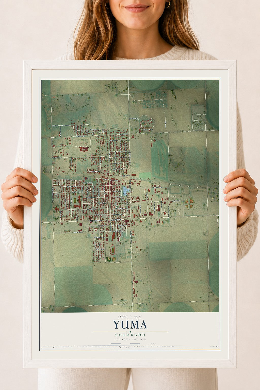 Map of Yuma, Colorado, 18 x 24 inch print in a white wood frame