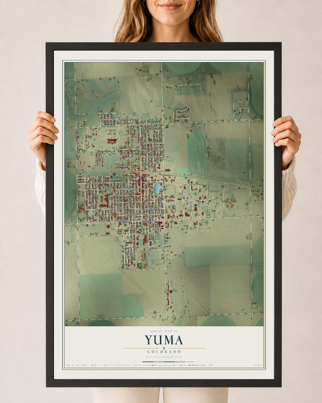 Map of Yuma, Colorado, 24 x 36 inch print in a black wood frame