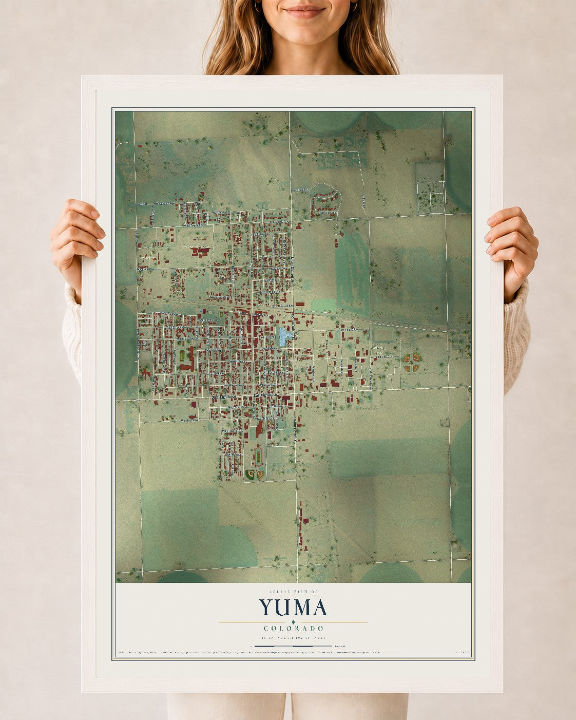 Map of Yuma, Colorado, 24 x 36 inch print in a white wood frame