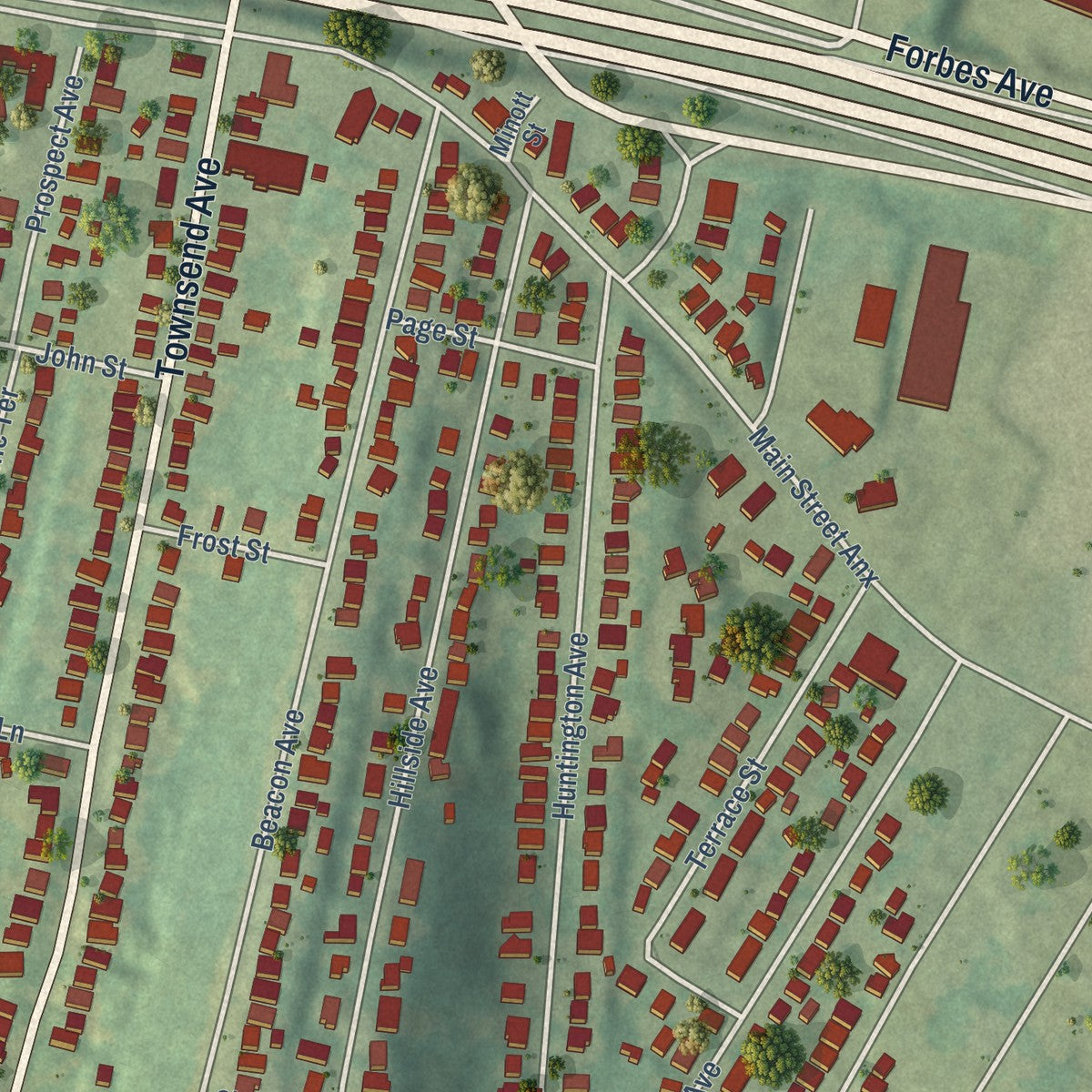 Close-up of the map of Annex, Connecticut print showing street and building detail