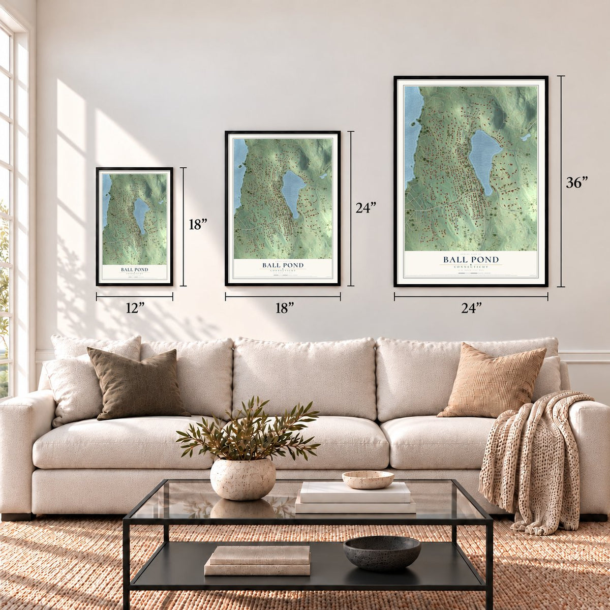 Ball Pond, Connecticut map in 12 x 18, 18 x 24 and 24 x 36 inch sizes above a sofa