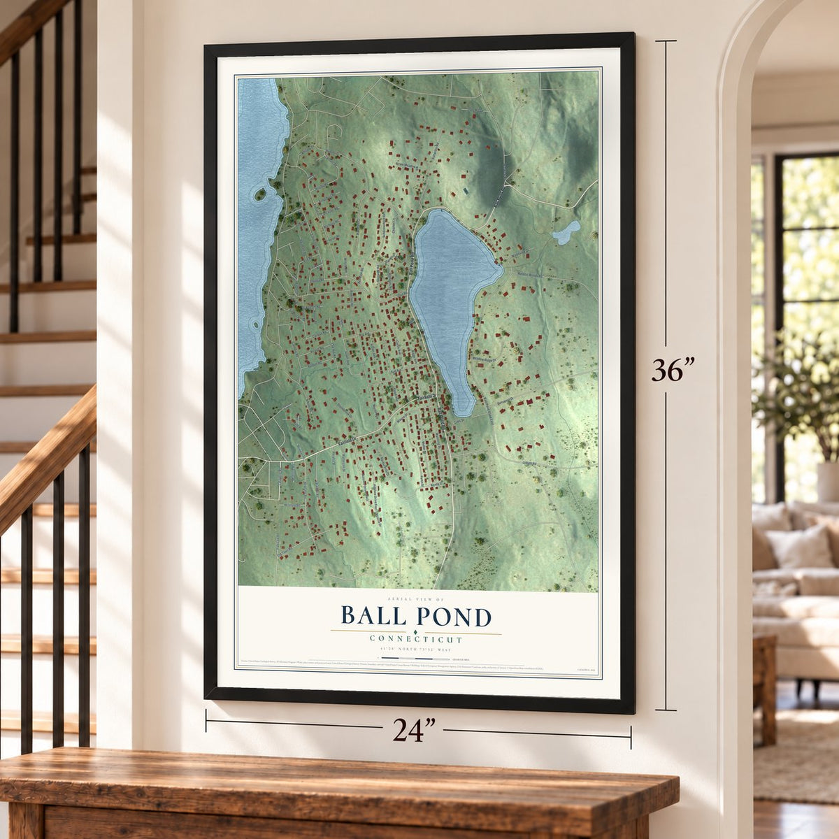 Ball Pond, Connecticut map, 24 x 36 inch print in a black frame by a staircase