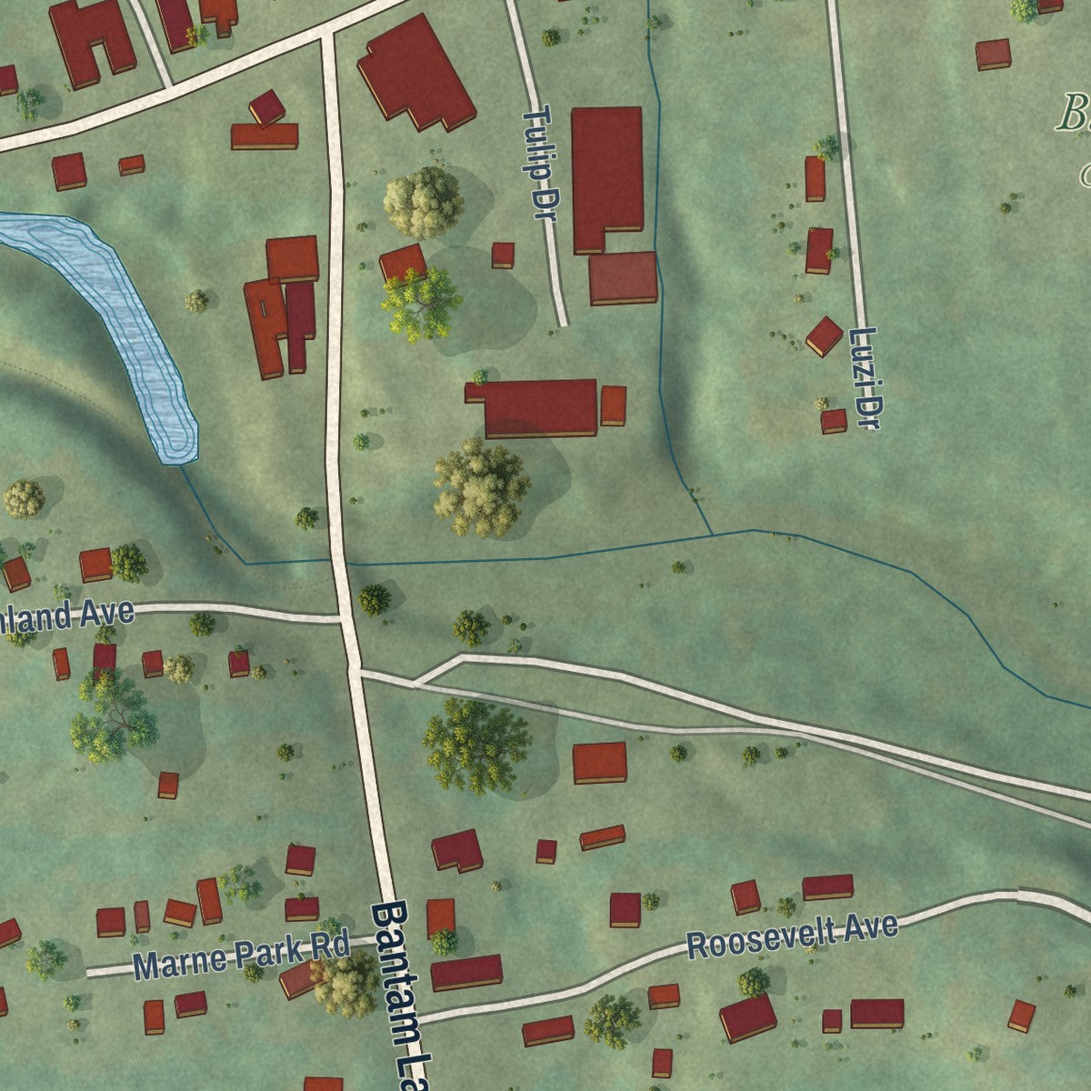 Close-up of the map of Bantam, Connecticut print showing street and building detail