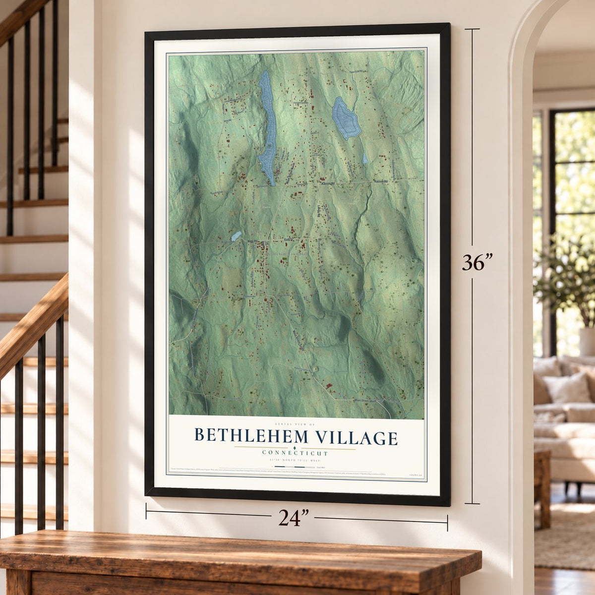 Bethlehem Village, Connecticut map, 24 x 36 inch print in a black frame by a staircase