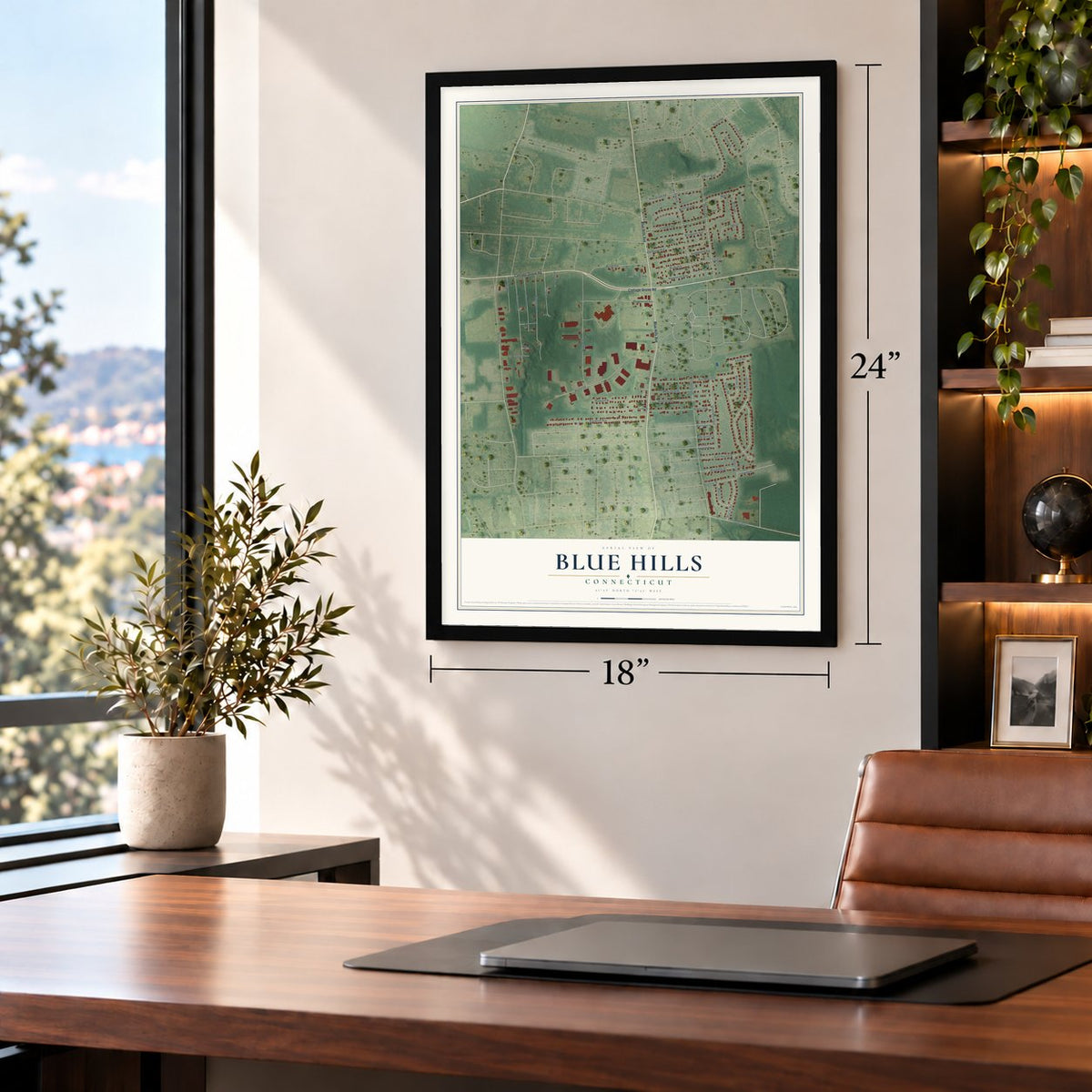 Blue Hills, Connecticut map, 18 x 24 inch print in a black frame in a home office