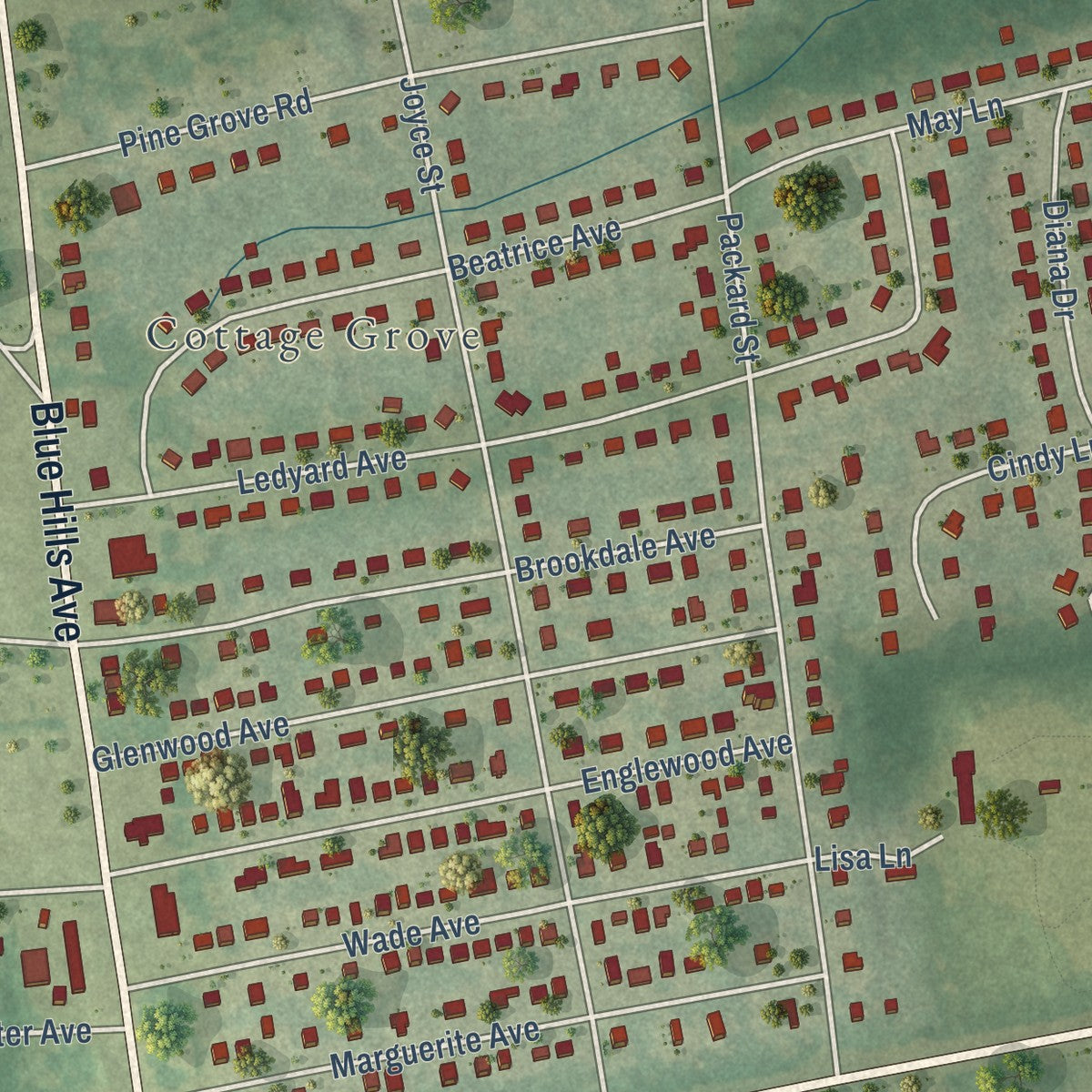 Close-up of the map of Blue Hills, Connecticut print showing street and building detail