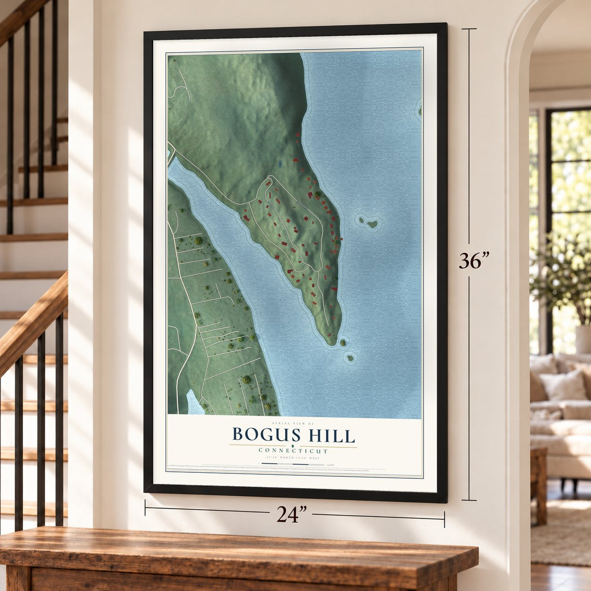 Bogus Hill, Connecticut map, 24 x 36 inch print in a black frame by a staircase