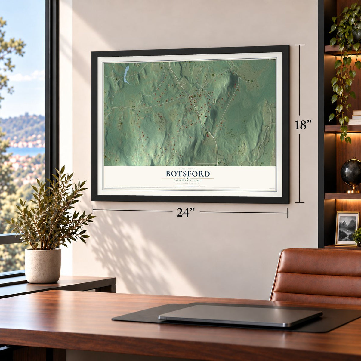 Botsford, Connecticut map, 18 x 24 inch print in a black frame in a home office
