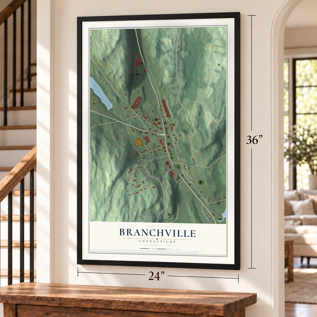 Branchville, Connecticut map, 24 x 36 inch print in a black frame by a staircase