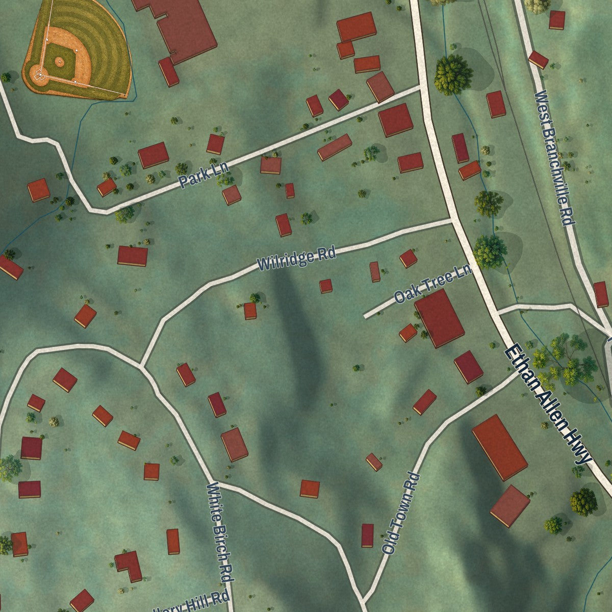 Close-up of the map of Branchville, Connecticut print showing street and building detail