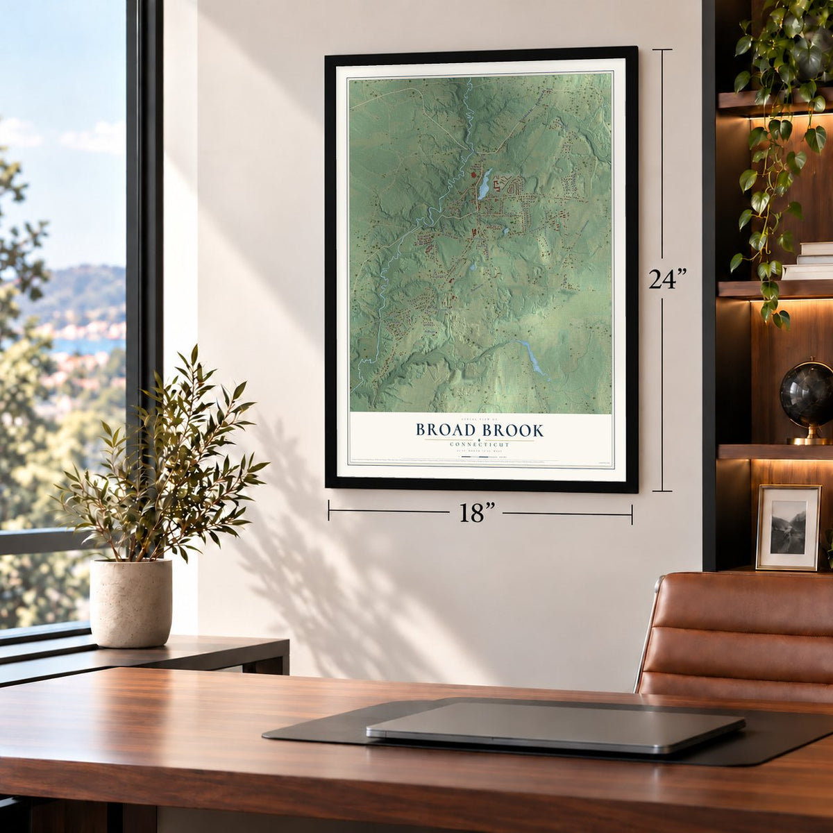 Broad Brook, Connecticut map, 18 x 24 inch print in a black frame in a home office