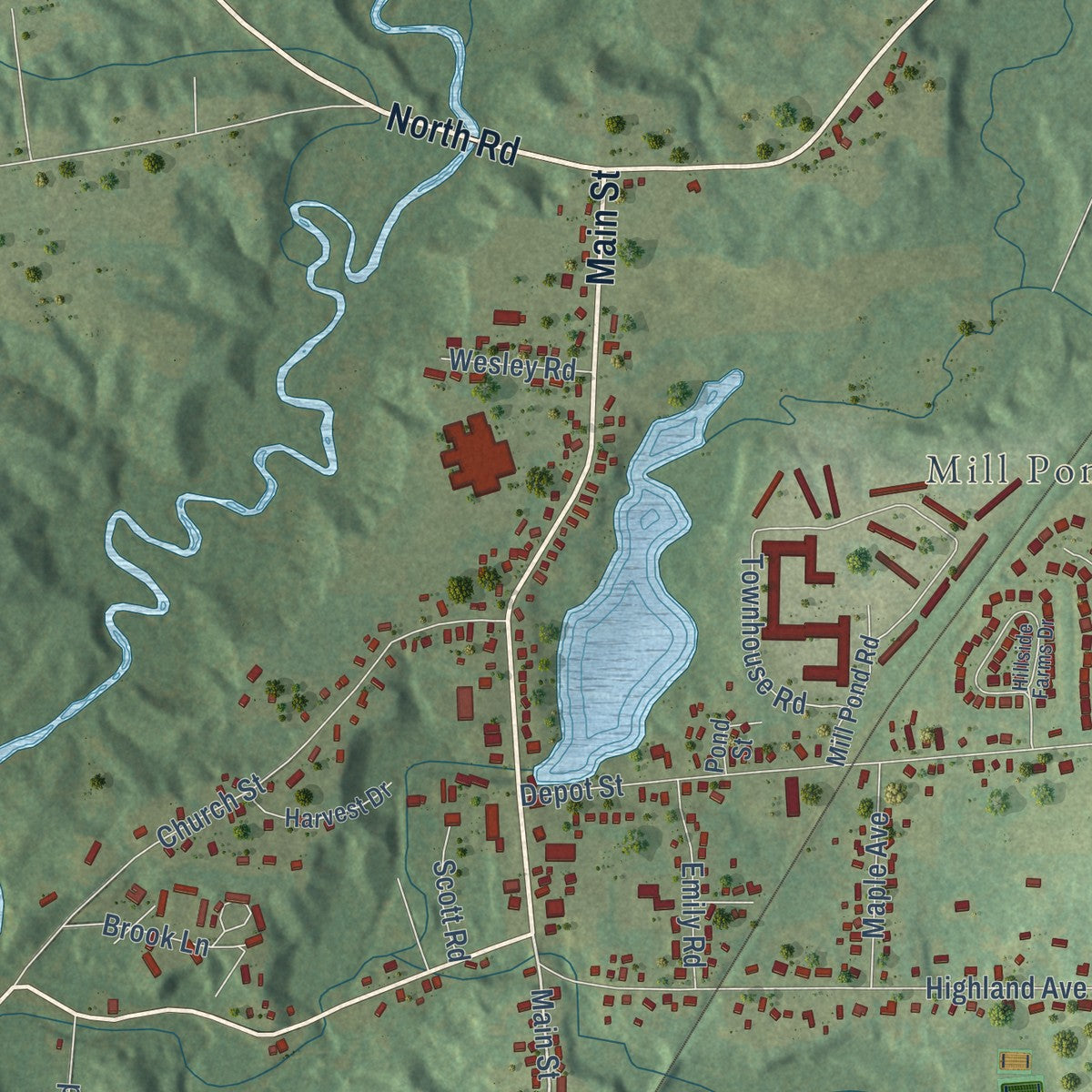 Close-up of the map of Broad Brook, Connecticut print showing street and building detail