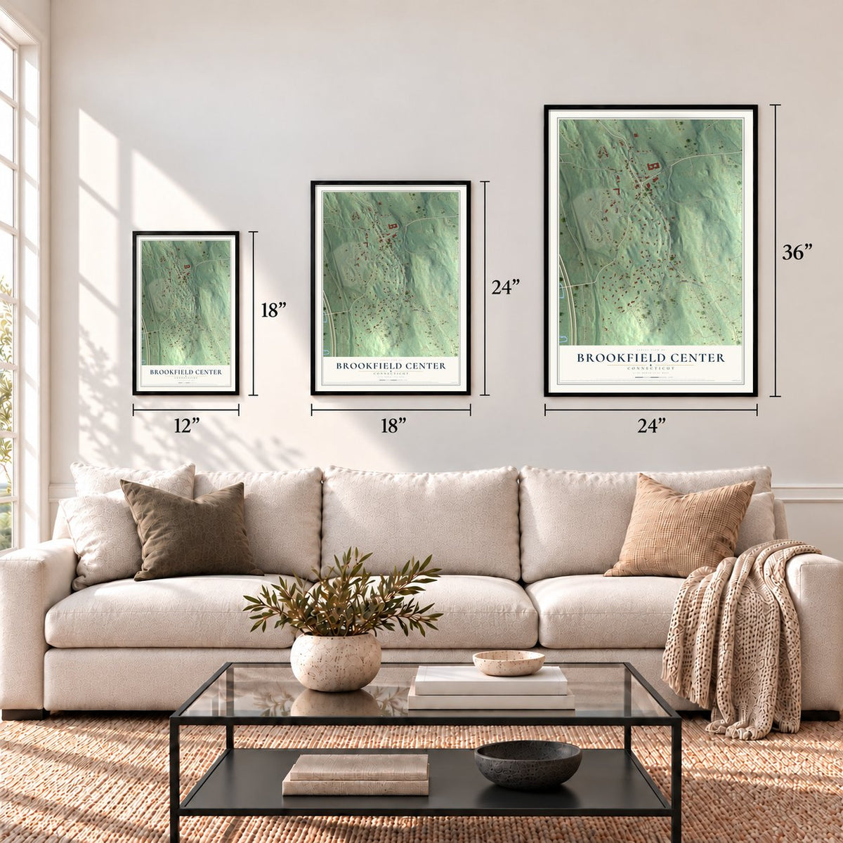 Brookfield Center, Connecticut map in 12 x 18, 18 x 24 and 24 x 36 inch sizes above a sofa