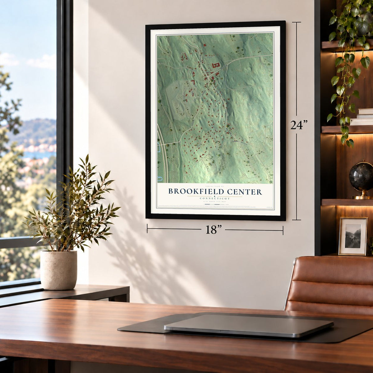 Brookfield Center, Connecticut map, 18 x 24 inch print in a black frame in a home office