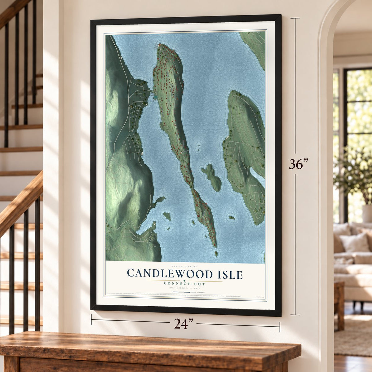 Candlewood Isle, Connecticut map, 24 x 36 inch print in a black frame by a staircase