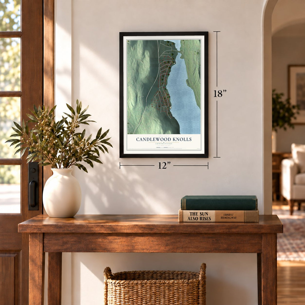 Candlewood Knolls, Connecticut map, 12 x 18 inch print in a black frame in an entryway