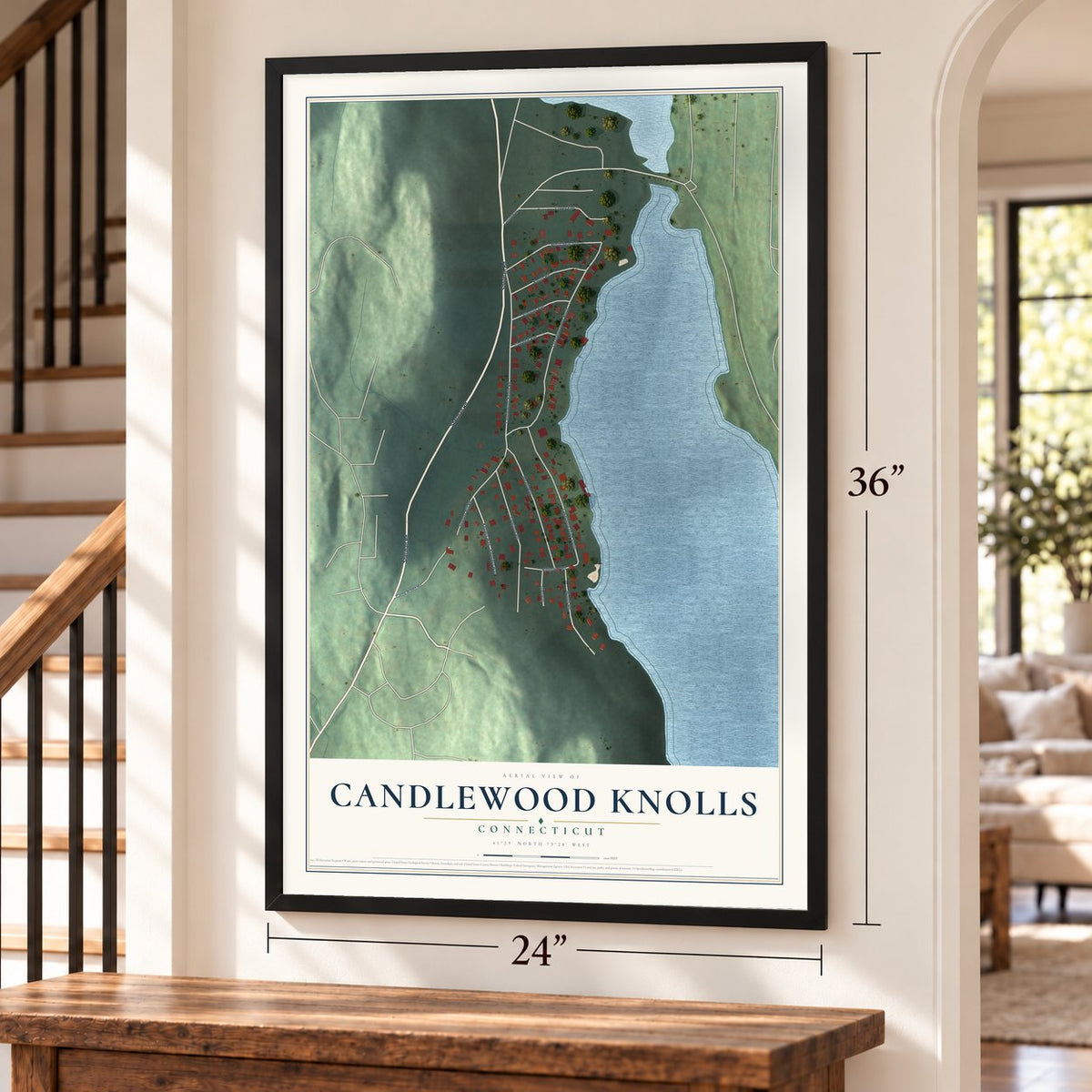 Candlewood Knolls, Connecticut map, 24 x 36 inch print in a black frame by a staircase