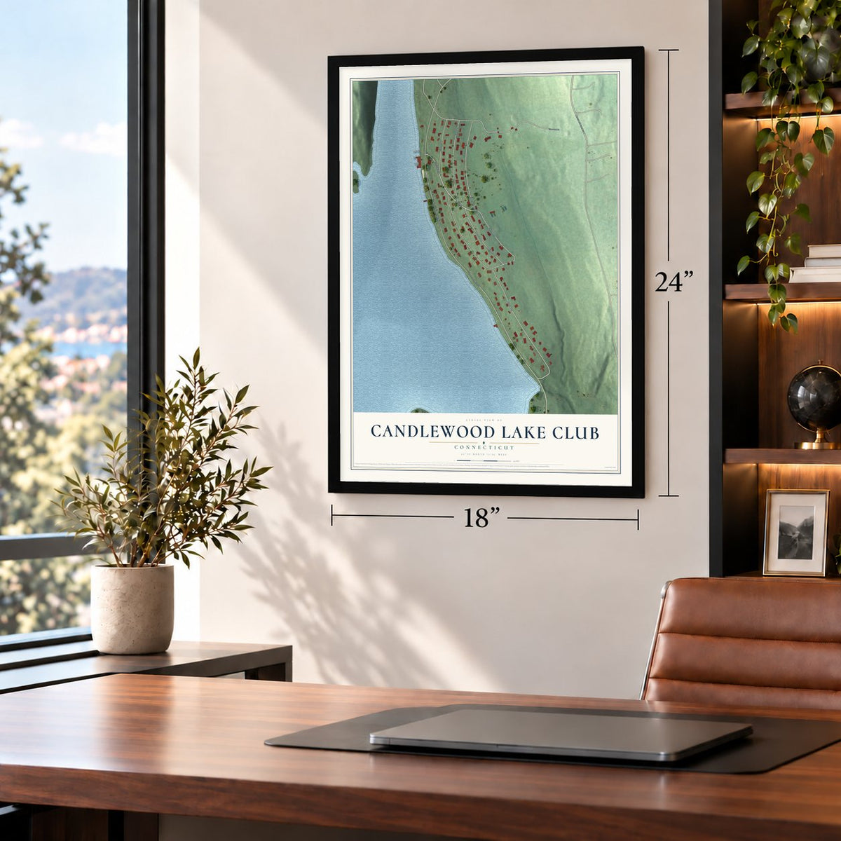 Candlewood Lake Club, Connecticut map, 18 x 24 inch print in a black frame in a home office