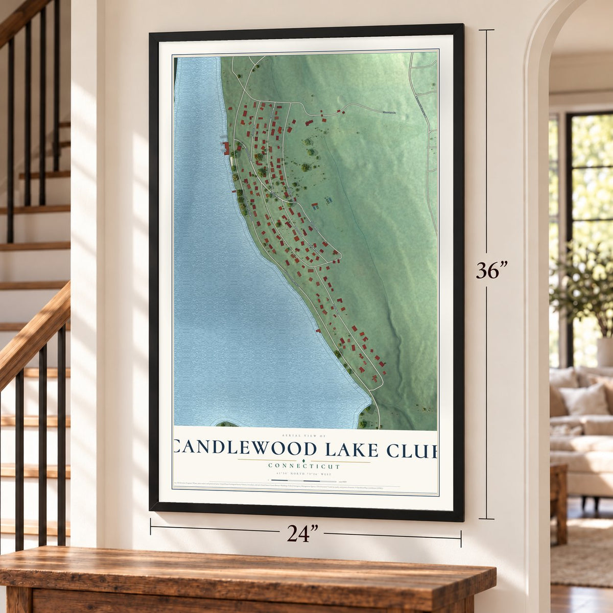 Candlewood Lake Club, Connecticut map, 24 x 36 inch print in a black frame by a staircase
