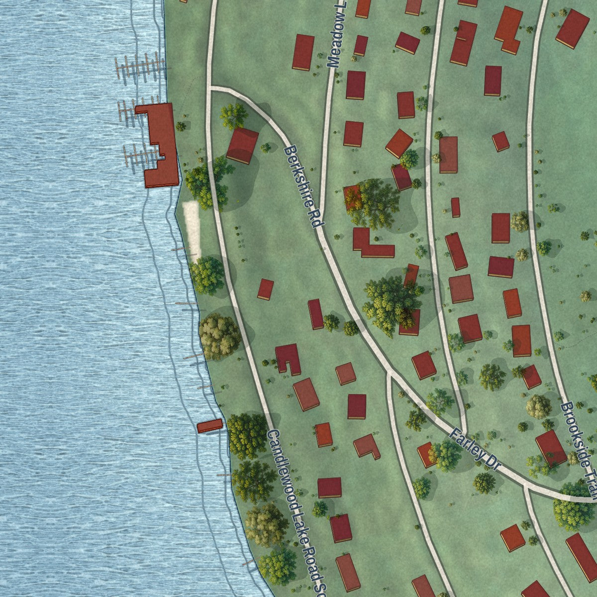 Close-up of the map of Candlewood Lake Club, Connecticut print showing street and building detail