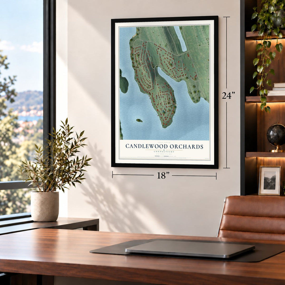 Candlewood Orchards, Connecticut map, 18 x 24 inch print in a black frame in a home office