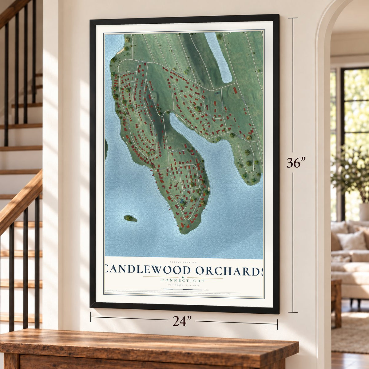 Candlewood Orchards, Connecticut map, 24 x 36 inch print in a black frame by a staircase