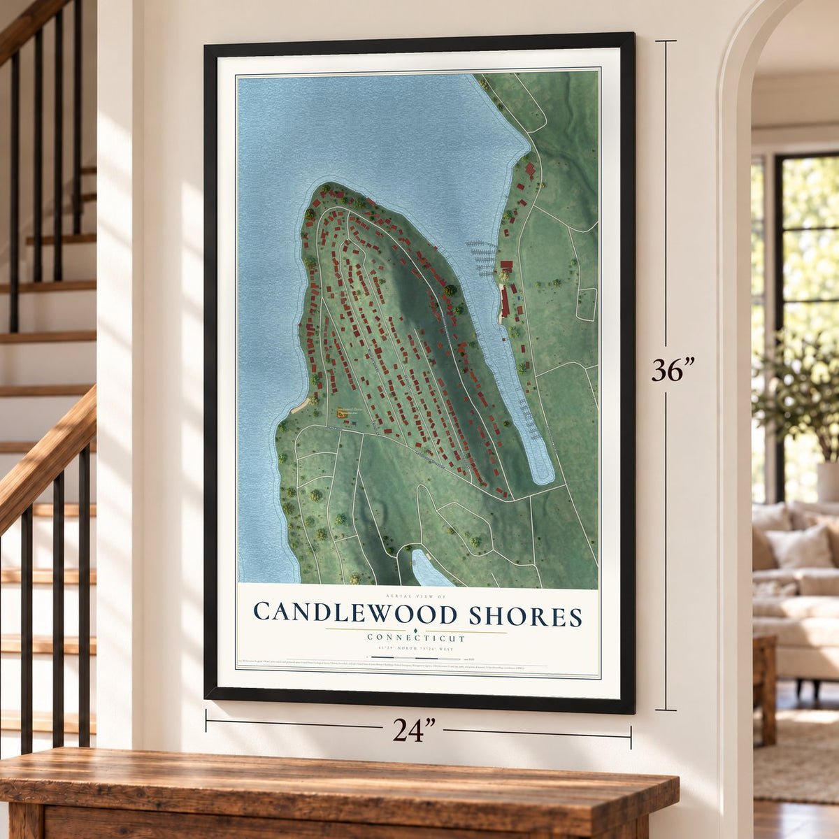 Candlewood Shores, Connecticut map, 24 x 36 inch print in a black frame by a staircase