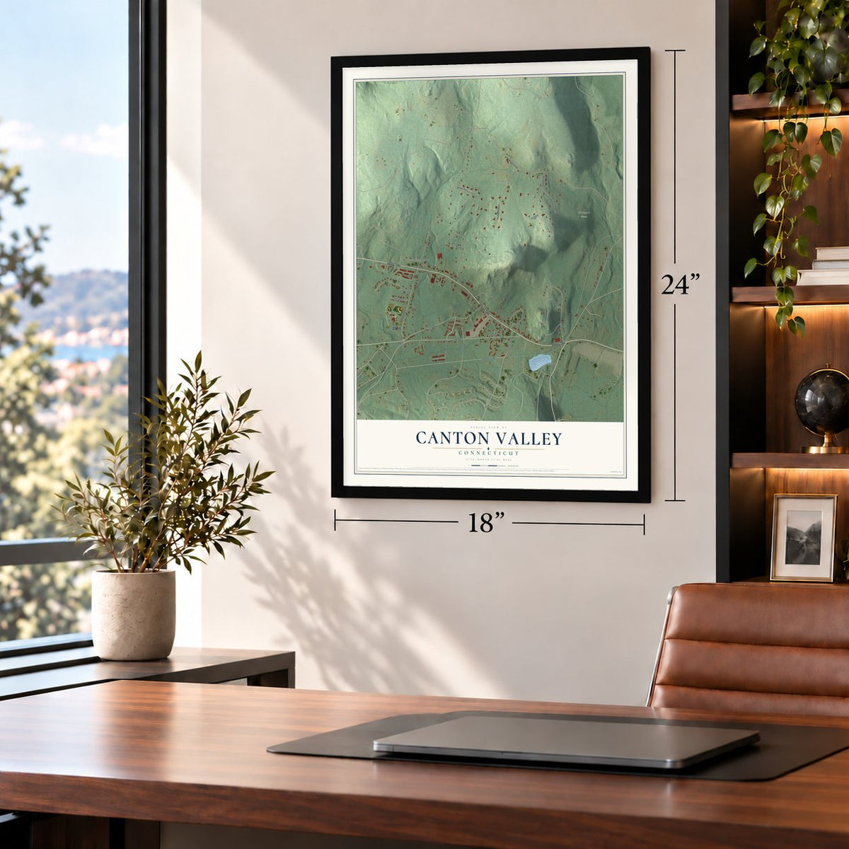 Canton Valley, Connecticut map, 18 x 24 inch print in a black frame in a home office