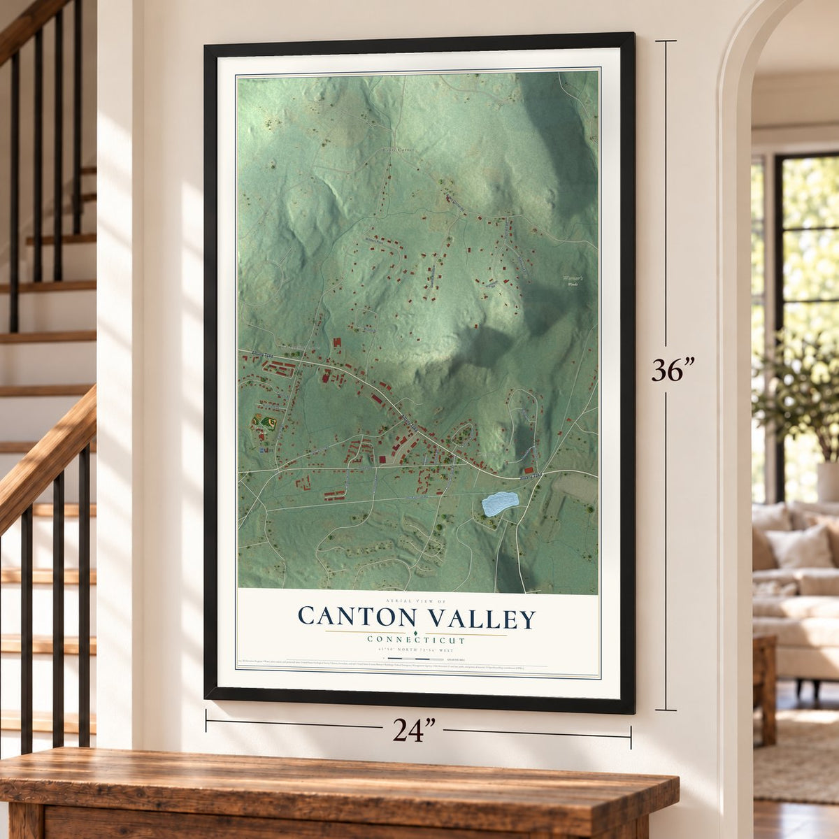 Canton Valley, Connecticut map, 24 x 36 inch print in a black frame by a staircase