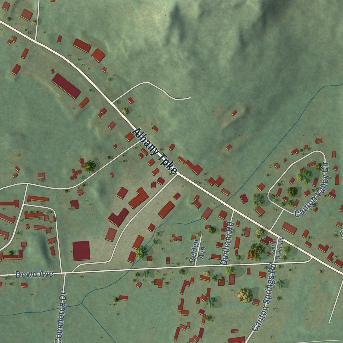 Close-up of the map of Canton Valley, Connecticut print showing street and building detail