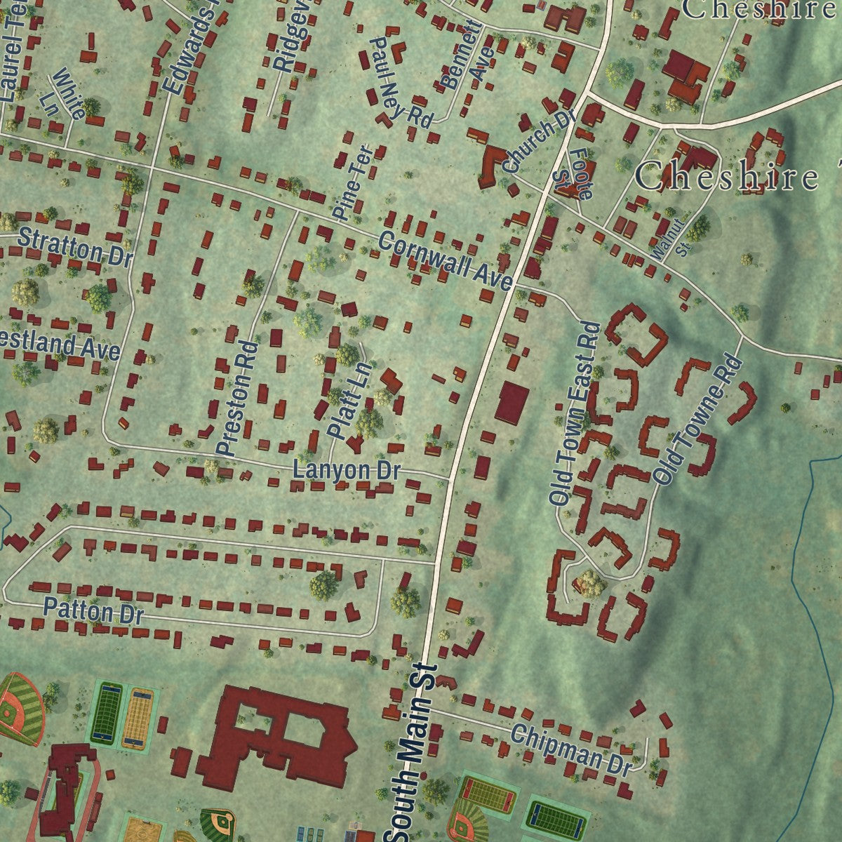 Close-up of the map of Cheshire Village, Connecticut print showing street and building detail