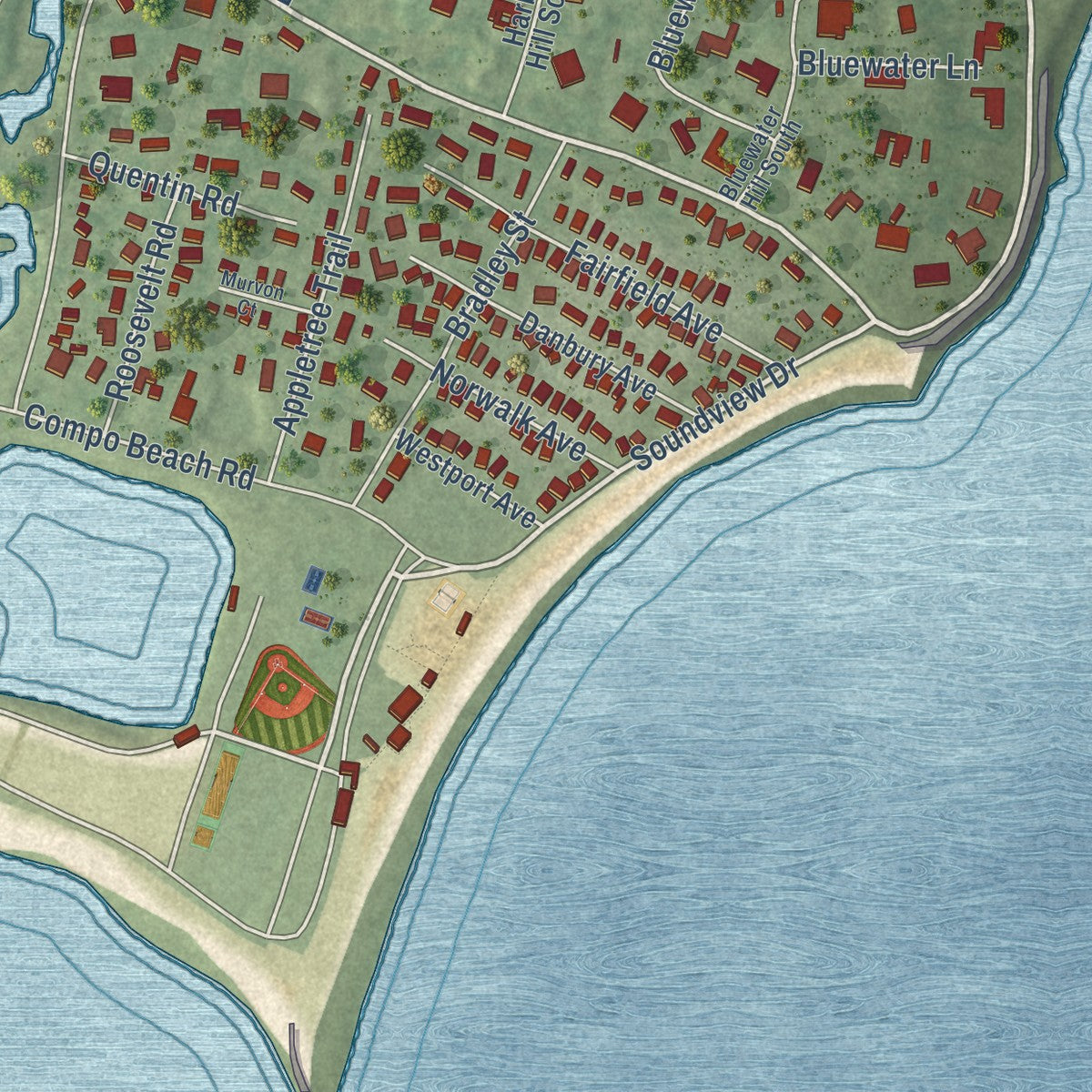 Close-up of the map of Compo, Connecticut print showing street and building detail