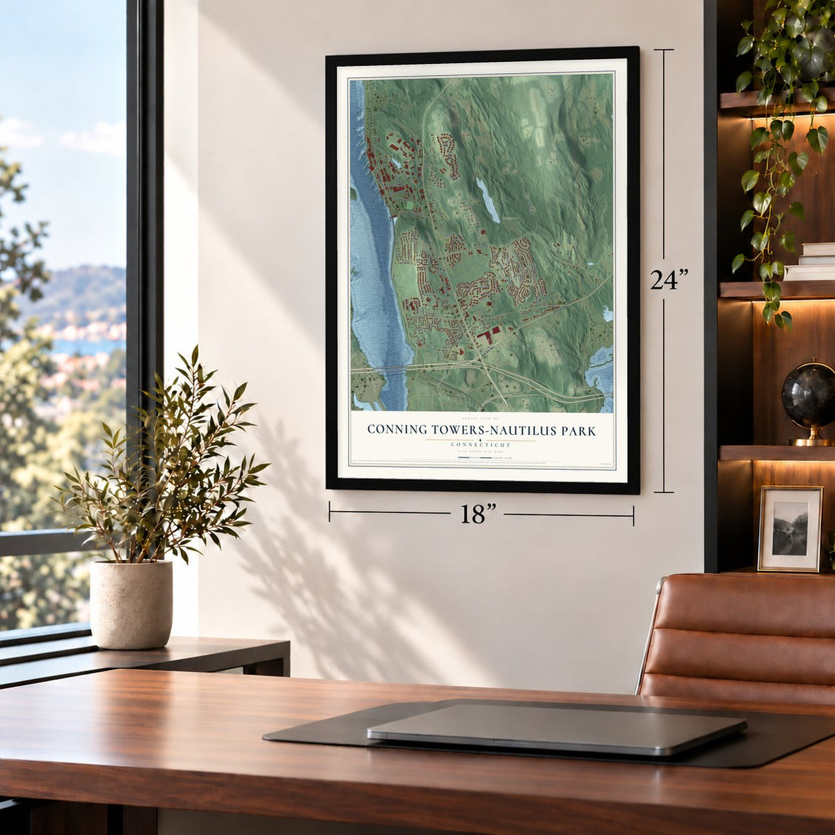 Conning Towers-Nautilus Park, Connecticut map, 18 x 24 inch print in a black frame in a home office