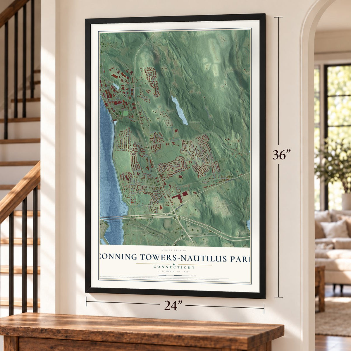 Conning Towers-Nautilus Park, Connecticut map, 24 x 36 inch print in a black frame by a staircase